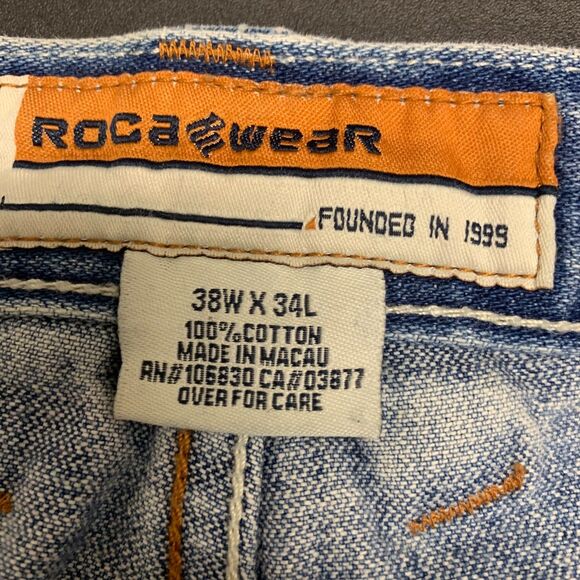 Vtg Rocawear Mens Jeans Blue Baggy Wide Leg Embroidered Patches Y2K‎ 38 x3 3.5 - Picture 9 of 13